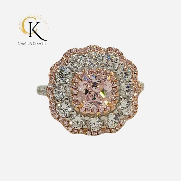 Pink Flower Lab Diamond Engagement Ring - Pink Lab Diamond Cocktail Ring - Picture 2 of 5